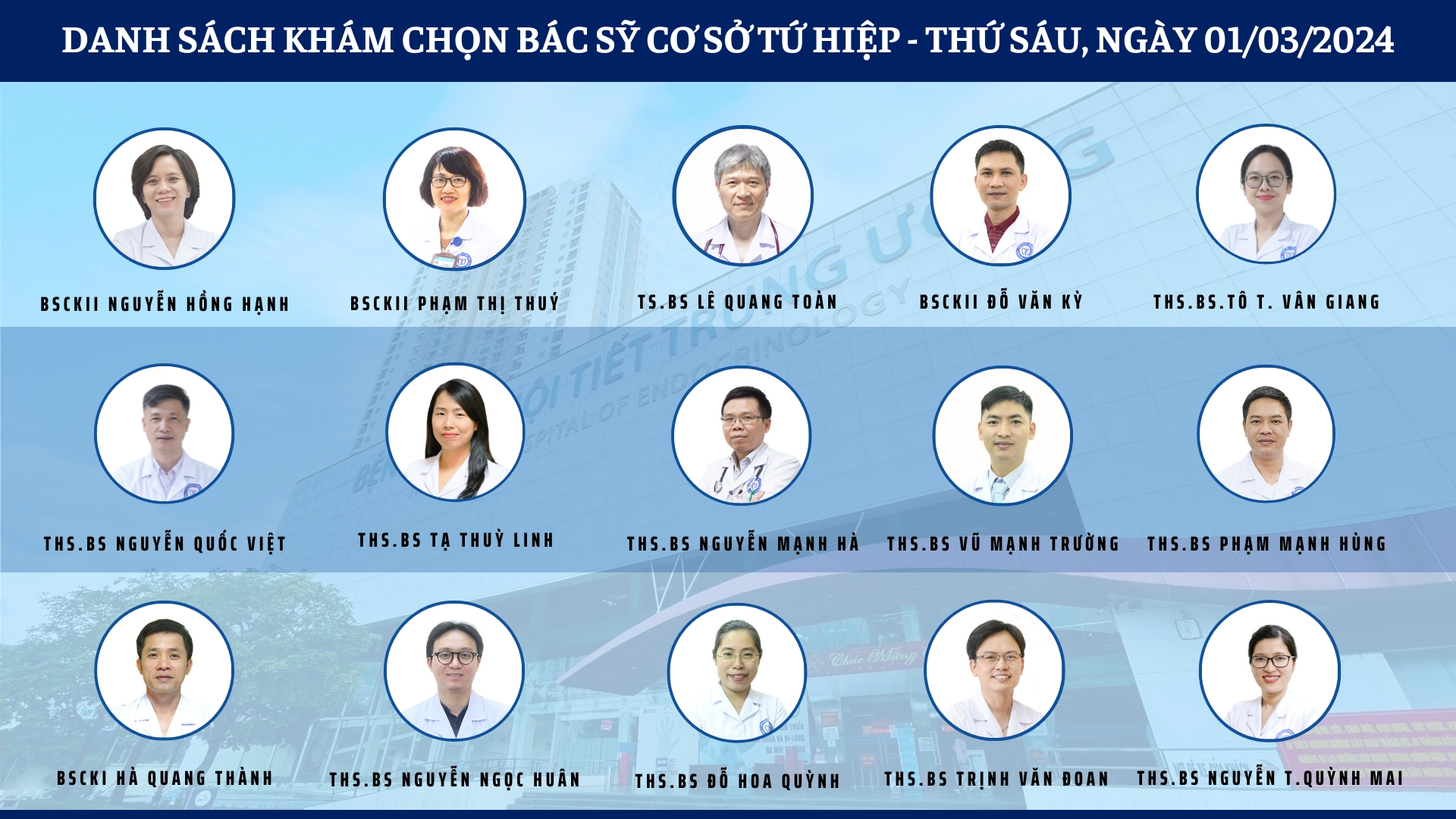 Cập nhật danh sách khám chọn bác sỹ tại 2 cơ sở Tứ Hiệp và Thái Thịnh ngày 01/03/2024