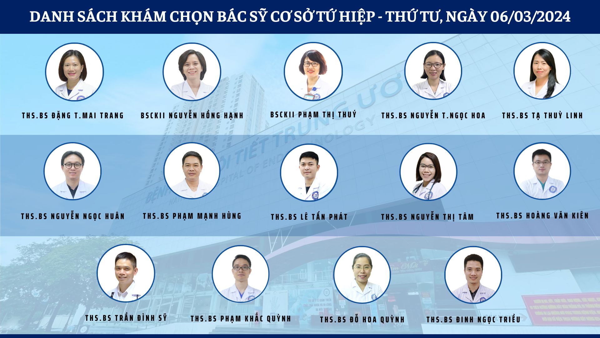 Cập nhật danh sách khám chọn bác sỹ tại 2 cơ sở Tứ Hiệp và Thái Thịnh ngày 06/03/2024