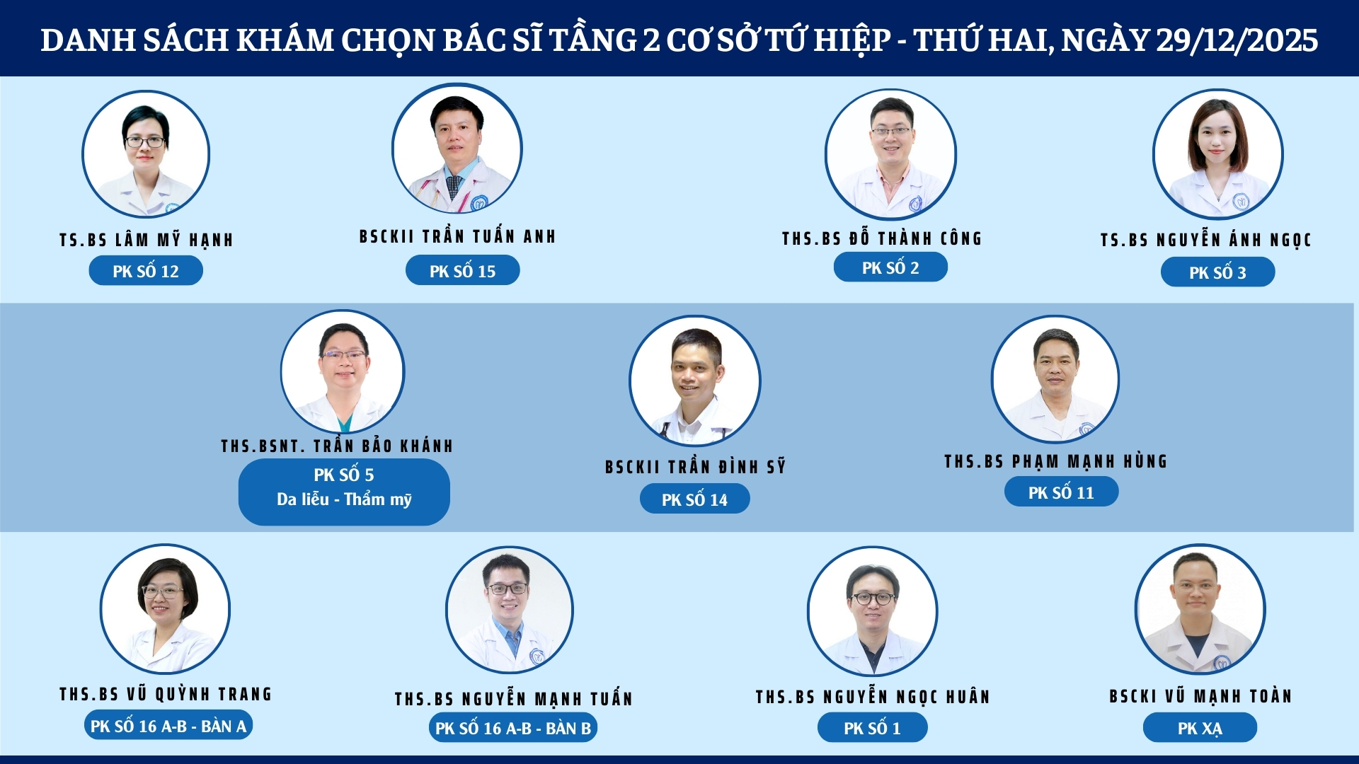 CẬP NHẬT DANH SÁCH DỊCH VỤ BÁC SĨ KHÁM CHỌN TẠI 2 CƠ SỞ TỨ HIỆP VÀ THÁI THỊNH