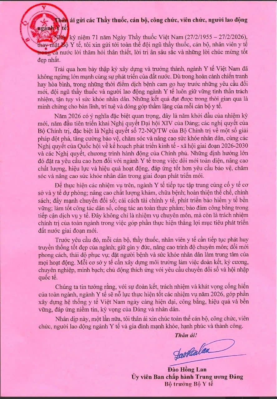 Bộ trưởng Bộ Y tế Đào Hồng Lan gửi thư tới các Thầy thuốc, cán bộ, công chức, viên chức, người lao động ngành Y tế nhân kỷ niệm 71 năm Ngày Thầy thuốc Việt Nam (27/02/1955 – 27/02/2026).