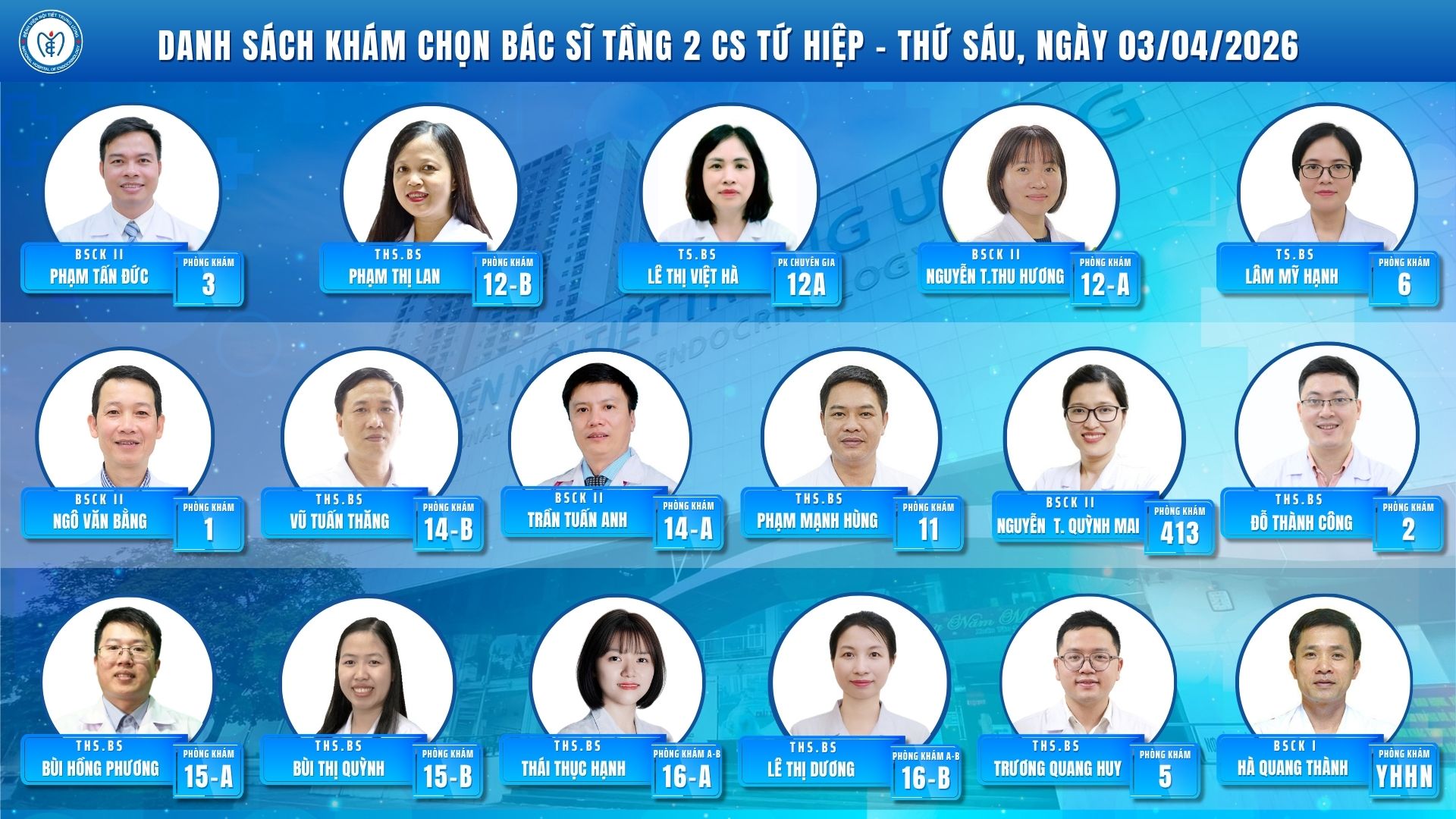 CẬP NHẬT DANH SÁCH DỊCH VỤ BÁC SĨ KHÁM CHỌN TẠI CƠ SỞ TỨ HIỆP