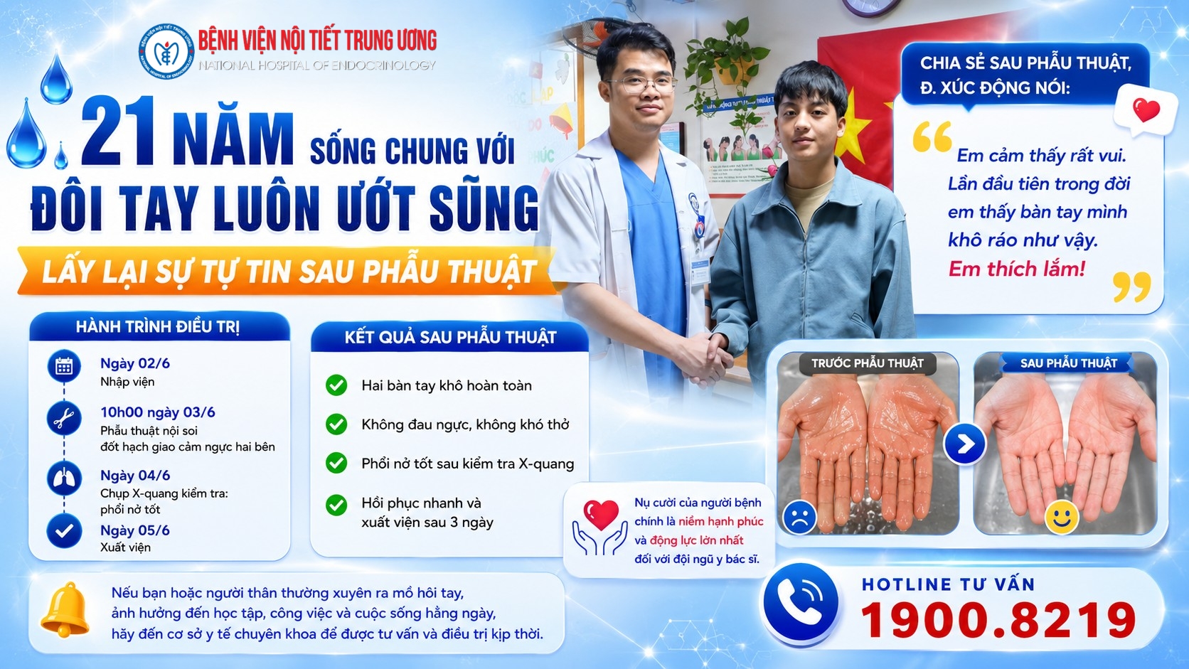 21 Năm sống chung với đôi tay luôn ướt sũng – Lấy lại sự tự tin sau phẫu thuật điều trị tăng tiết mồ hôi tay