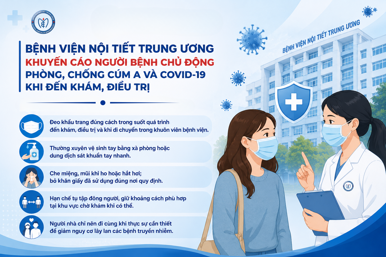 Bệnh viện Nội tiết Trung ương khuyến cáo người bệnh chủ động phòng, chống Cúm A và COVID-19 khi đến khám, điều trị